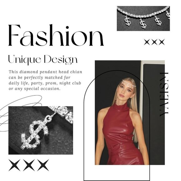 Silver Rhinestone Headpiece Dollar Sign Hair Chain Party Prom Jewelry main image 5